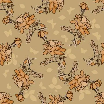Vector seamless pattern with vintage roses and butterfly silhoue Stock Illustration