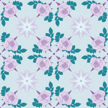 Vector seamless pattern. Violet roses on light blue background with geometric Illustrazione stock