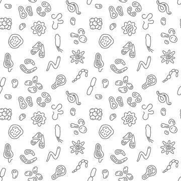 Vector seamless pattern with virus, bacteria and microbe concept outline sy.. Stock Illustration