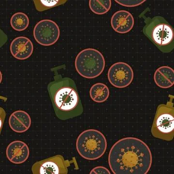 Vector seamless pattern of viruses and disinfection in green yellow colors Stock Illustration
