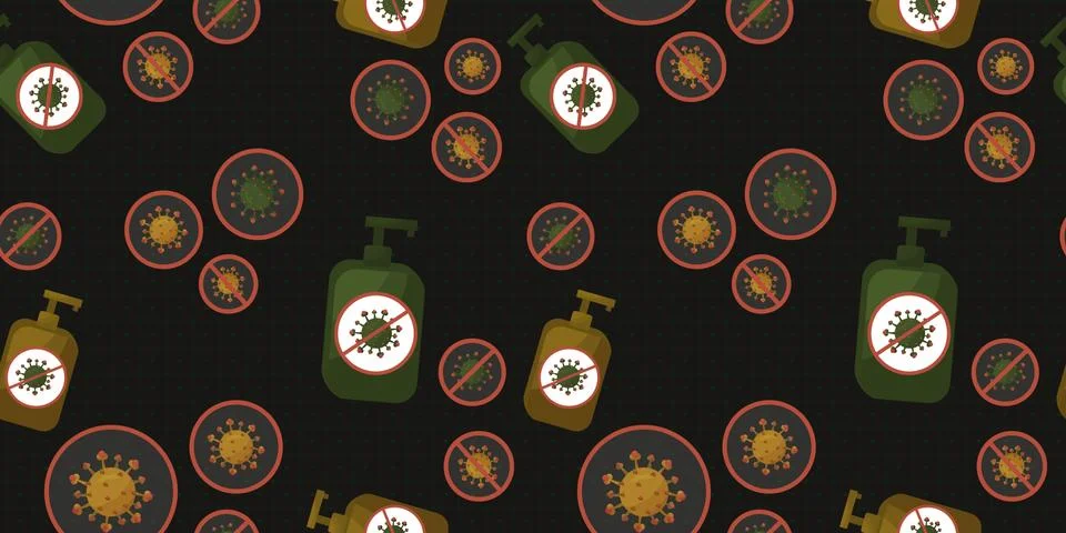 Vector seamless pattern of viruses and disinfection in green yellow colors wi Stock Illustration