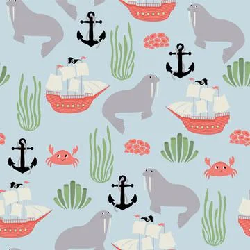 Vector seamless pattern with walrus, ship, crab, anchor, seaweed.Underwater Illustrazione stock