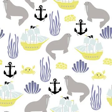 Vector seamless pattern with walrus, ship, crab, anchor, seaweed.Underwater Illustrazione stock