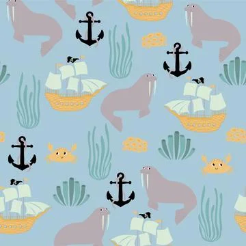 Vector seamless pattern with walrus, ship, crab, anchor, seaweed.Underwater Illustrazione stock
