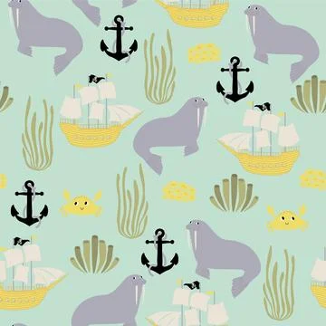 Vector seamless pattern with walrus, ship, crab, anchor, seaweed.Underwater Illustrazione stock