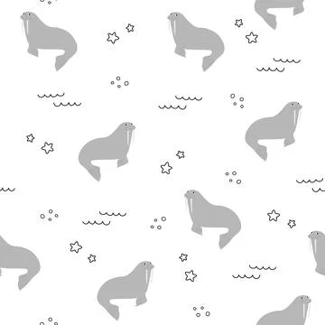 Vector seamless pattern with walrus.Underwater cartoon creatures.Marine Stock Illustration