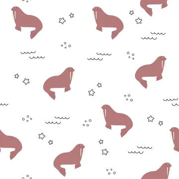 Vector seamless pattern with walrus.Underwater cartoon creatures.Marine Stock Illustration