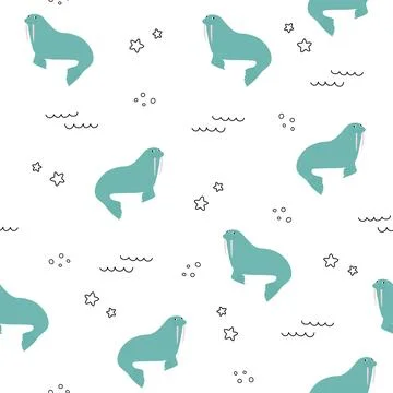 Vector seamless pattern with walrus.Underwater cartoon creatures.Marine Stock Illustration