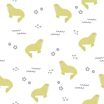 Vector seamless pattern with walrus.Underwater cartoon creatures.Marine Stock Illustration