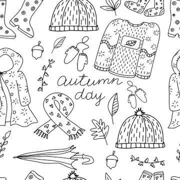 Vector seamless pattern of warm and cozy knitted clothes for autumn and winte Illustrazione stock