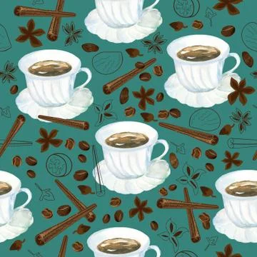 Vector seamless pattern with watercolor cup of coffee and variety of spices イラスト素材