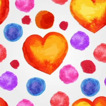 Vector seamless pattern with watercolor hearts and splashes Stock Illustration