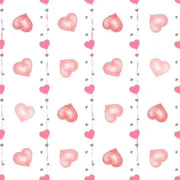 Vector seamless pattern with watercolor hearts on a white background. Stock Illustration