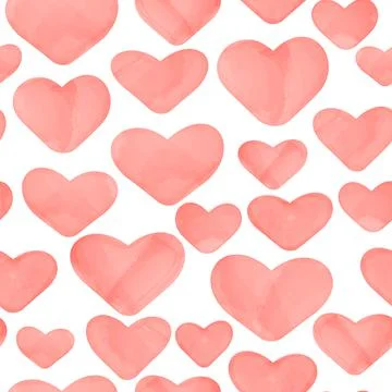 Vector seamless pattern with watercolor pink hearts on white background. Illu Stock Illustration