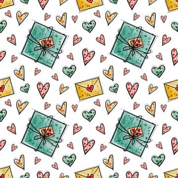 Vector seamless pattern with watercolor red yellow green hand drawing hearts Stock Illustration
