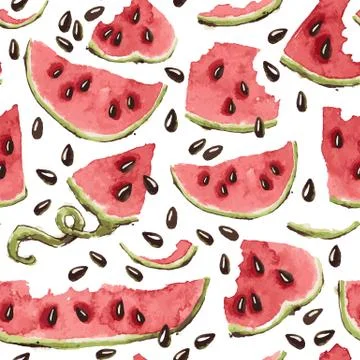 Vector Seamless Pattern with Watercolor Watermelon Slices Stock Illustration