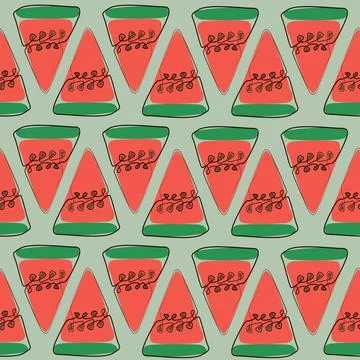 Vector Seamless pattern with watermelon and green background. Vector Stock Illustration