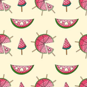 Vector seamless pattern with watermelon slices with hearts on beige background Stock Illustration