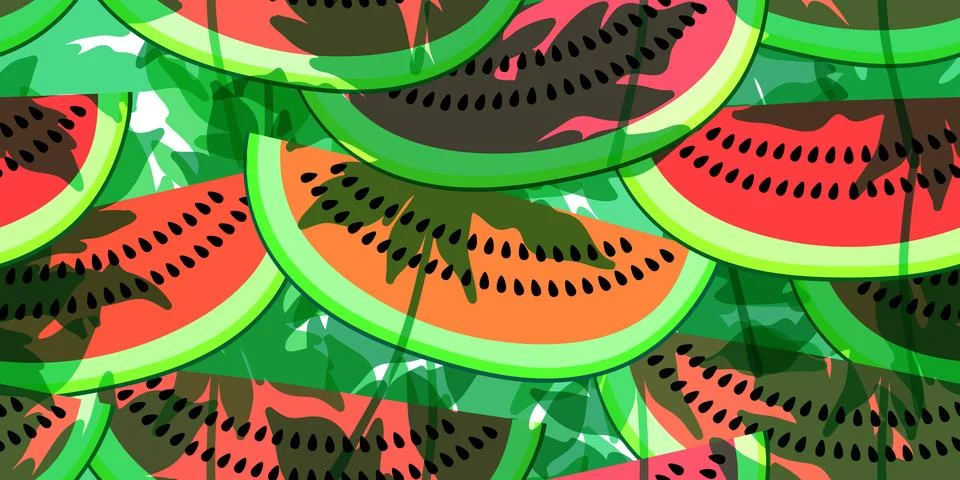 Vector seamless pattern with watermelon slices and leaves. Colorful hand-dr.. Stock Illustration