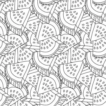 Vector seamless pattern with watermelon slices. Linear hand-drawn repeatabl.. 스톡 일러스트