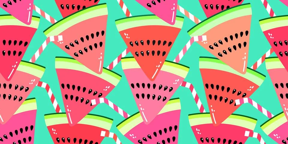 Vector seamless pattern with watermelon slices and cocktail straws. Colorful  Stock Illustration