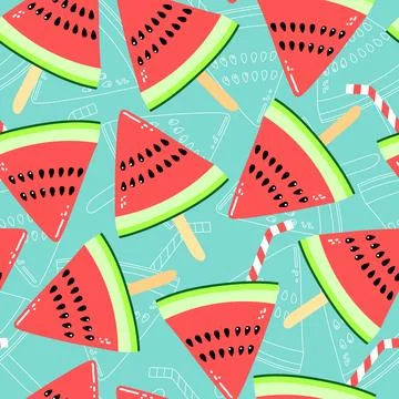 Vector seamless pattern with watermelon slices with coctail straws and ice cr Stock Illustration