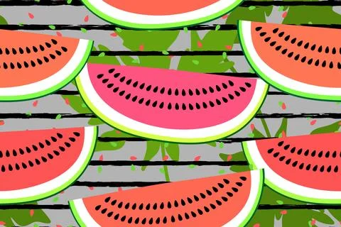 Vector seamless pattern with watermelon slices. Colorful hand-drawn repeatabl Stock Illustration