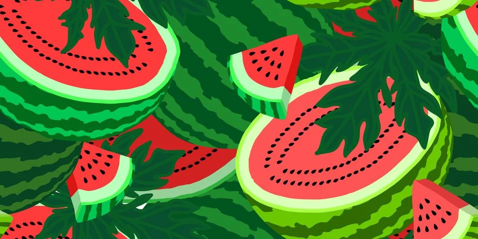 Vector seamless pattern with watermelon slices and leaves. Colorful hand-dr.. Stock Illustration