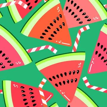 Vector seamless pattern with watermelon slices and cocktail straws. Colorful  Stock Illustration