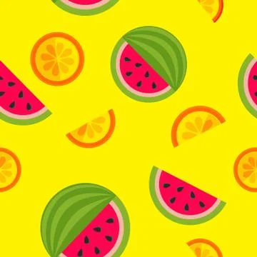 Vector seamless pattern with watermelons and oranges. Citrus summer backgroun Stock Illustration