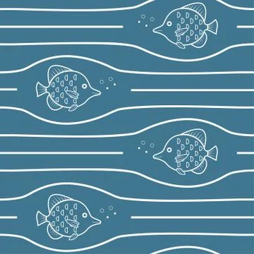 Vector seamless pattern with waves and fishes. Illustrazione stock