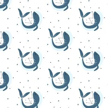 Vector seamless pattern with whale and stars. Stock Illustration