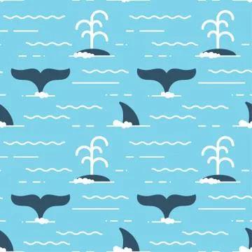 Vector seamless pattern with whale fins over the water. Whale produces a stre Stock Illustration
