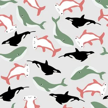 Vector seamless pattern with whale, killer whale, hammerhead fish.Underwater Stock Illustration