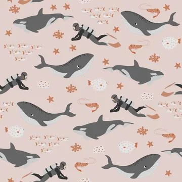 Vector seamless pattern with whale, killer whale, diver, shrimp, algae Illustrazione stock