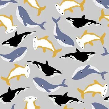 Vector seamless pattern with whale, killer whale, hammerhead fish.Underwater Stock Illustration