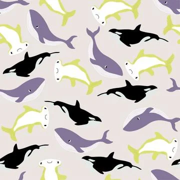 Vector seamless pattern with whale, killer whale, hammerhead fish.Underwater Illustrazione stock