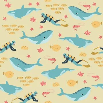 Vector seamless pattern with whale, killer whale, diver, shrimp, algae 스톡 일러스트