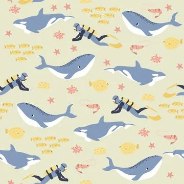 Vector seamless pattern with whale, killer whale, diver, shrimp, algae 库存插图
