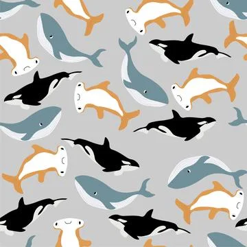 Vector seamless pattern with whale, killer whale, hammerhead fish.Underwater Stock Illustration
