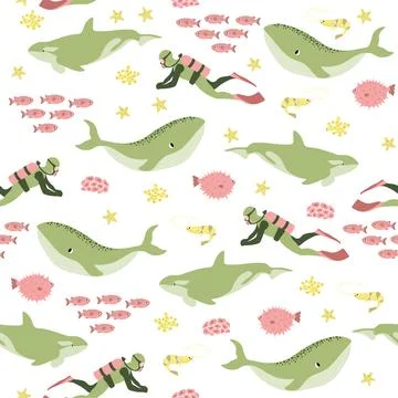 Vector seamless pattern with whale, killer whale, diver, shrimp, algae Stockillustratie