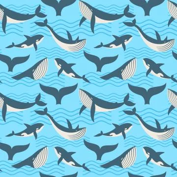 Vector seamless pattern with whale in ocean waves Stock Illustration