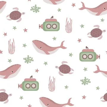 Vector seamless pattern with whale, submarine, turtle, starfish, algae 스톡 일러스트