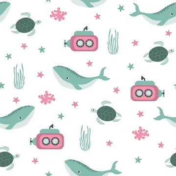 Vector seamless pattern with whale, submarine, turtle, starfish, algae Stockillustratie