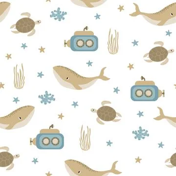 Vector seamless pattern with whale, submarine, turtle, starfish, algae Illustrazione stock