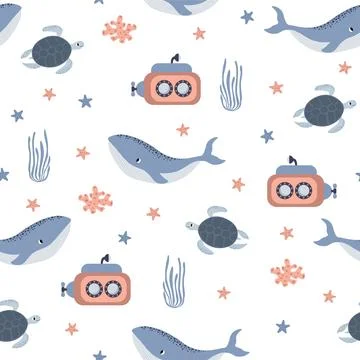 Vector seamless pattern with whale, submarine, turtle, starfish, algae イラスト素材