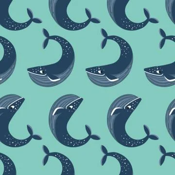 Vector seamless pattern with whales. Repeated texture with marine mammals. Illustrazione stock