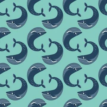 Vector seamless pattern with whales. Repeated texture with marine mammals. 스톡 일러스트