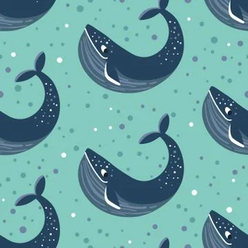 Vector seamless pattern with whales. Repeated texture with marine mammals. Stock Illustration