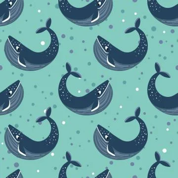Vector seamless pattern with whales. Repeated texture with marine mammals. Stock Illustration
